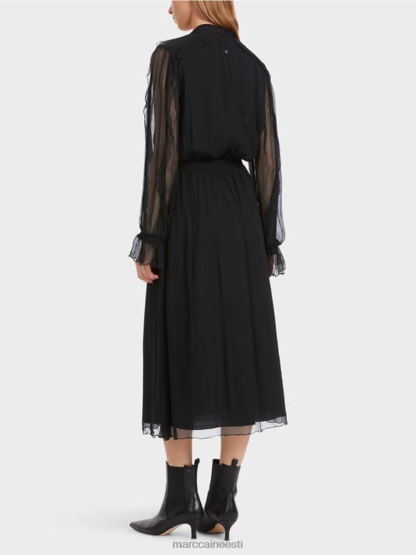 Marc Cain Riietus mänguline kortsus šifoonist kleit J8DT6 must