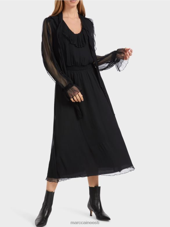 Marc Cain Riietus mänguline kortsus šifoonist kleit J8DT6 must