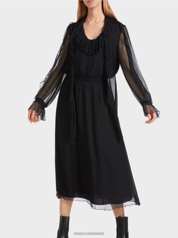 Marc Cain Riietus mänguline kortsus šifoonist kleit J8DT6 must