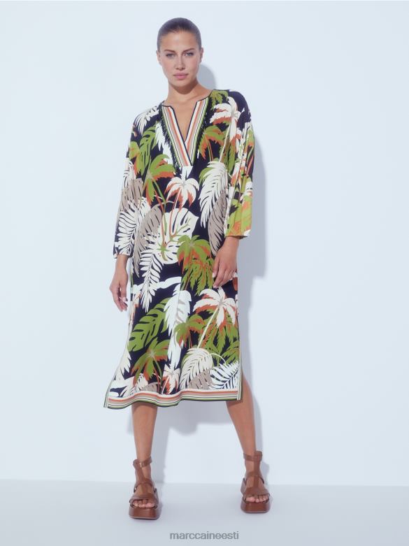 Marc Cain Riietus troopilise lillemotiiviga avar kleit J8DT88 sügav oliiviroheline