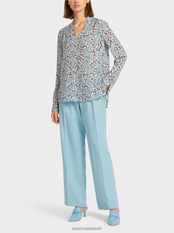 Marc Cain Riietus trükitud pluusi stiilis v-kaelusega topp J8DT1018 atmosfääri sinine