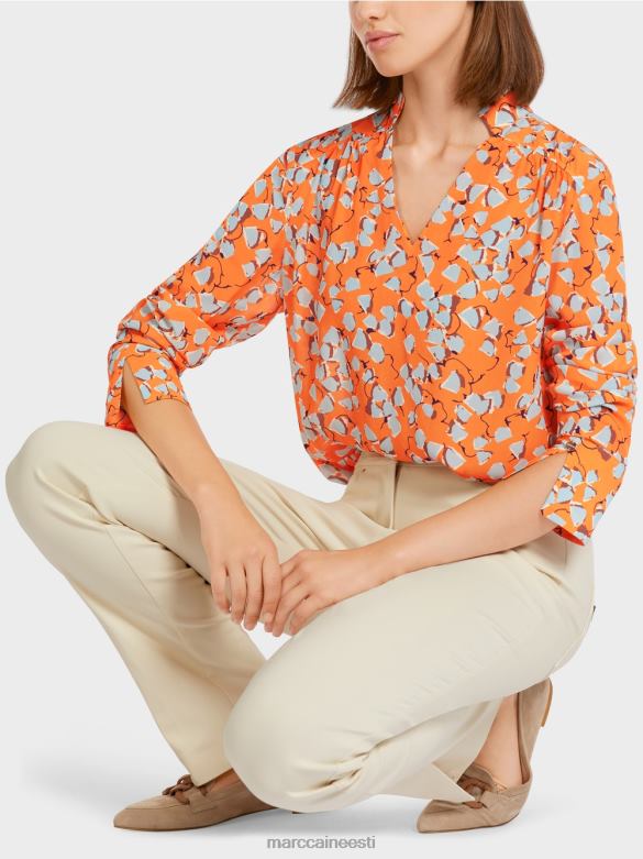 Marc Cain Riietus trükitud pluusi stiilis v-kaelusega topp J8DT1021 selge oranž