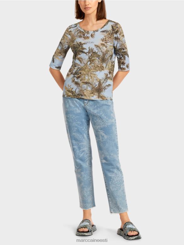 Marc Cain Riietus trükitud peene soonikuga t-särk J8DT1412 hele puuder sinine