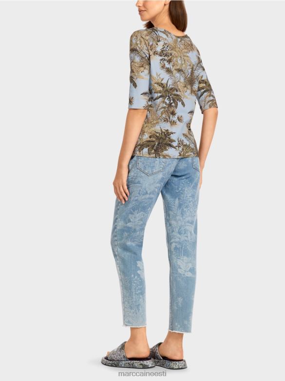 Marc Cain Riietus trükitud peene soonikuga t-särk J8DT1412 hele puuder sinine