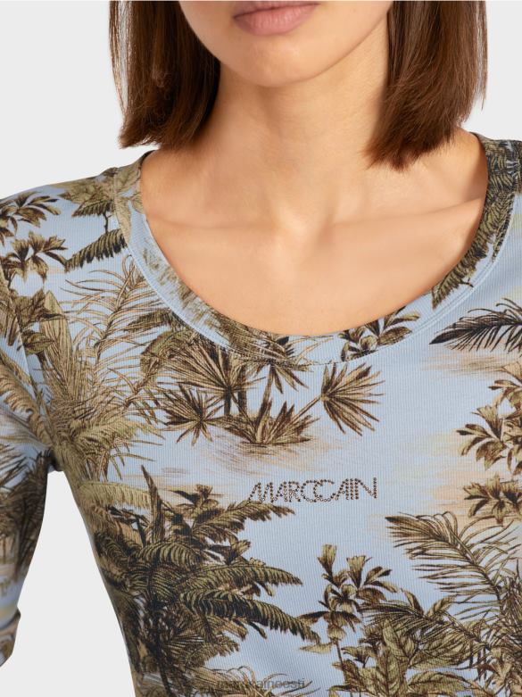 Marc Cain Riietus trükitud peene soonikuga t-särk J8DT1412 hele puuder sinine