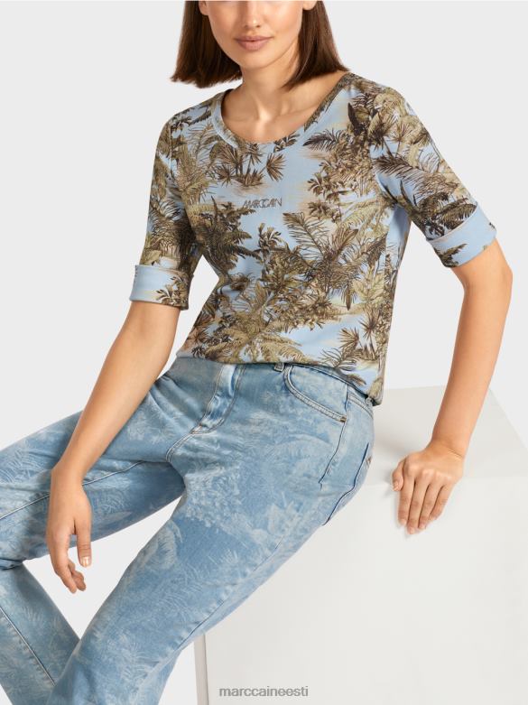 Marc Cain Riietus trükitud peene soonikuga t-särk J8DT1412 hele puuder sinine