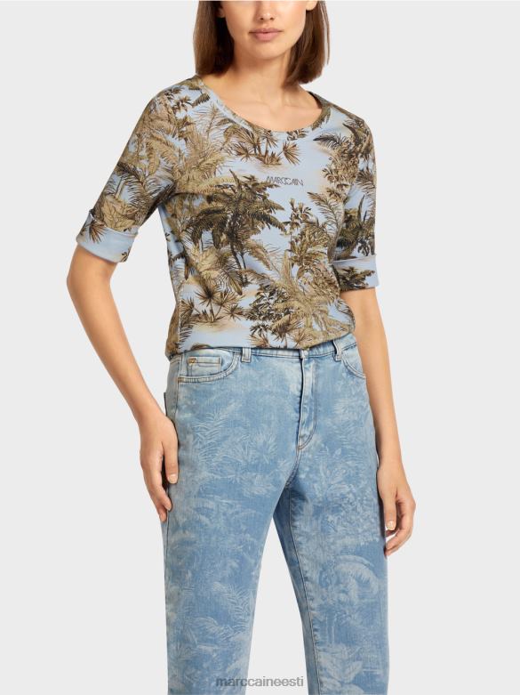 Marc Cain Riietus trükitud peene soonikuga t-särk J8DT1412 hele puuder sinine