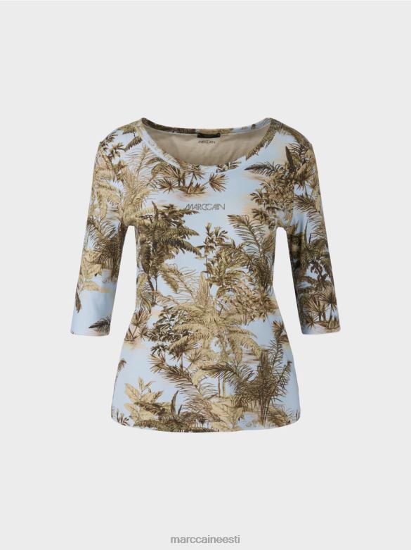 Marc Cain Riietus trükitud peene soonikuga t-särk J8DT1412 hele puuder sinine