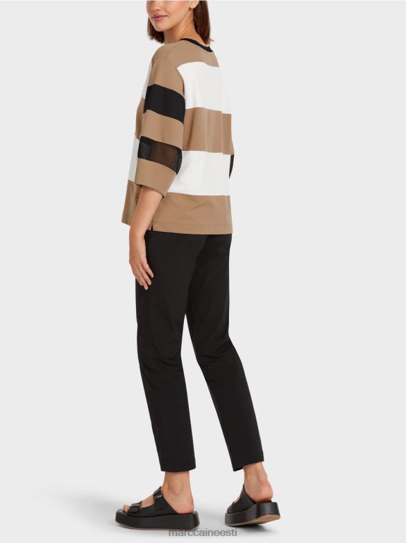 Marc Cain Riietus triibuline võrksisustustega t-särk J8DT1434 kerge kohv