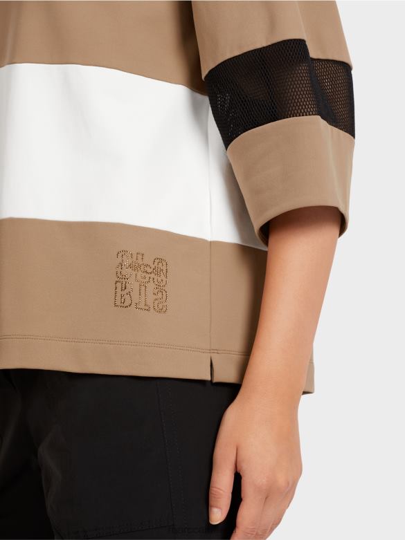 Marc Cain Riietus triibuline võrksisustustega t-särk J8DT1434 kerge kohv