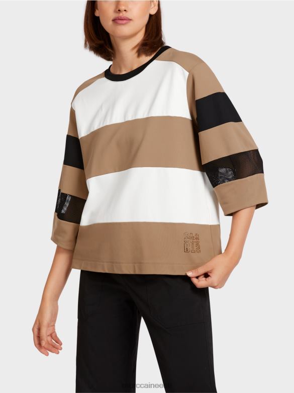 Marc Cain Riietus triibuline võrksisustustega t-särk J8DT1434 kerge kohv