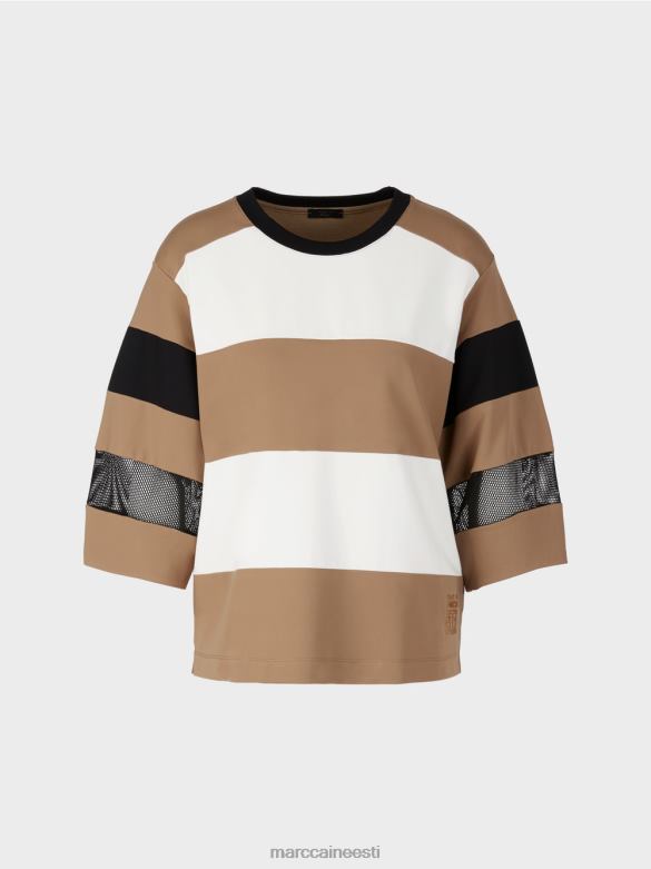 Marc Cain Riietus triibuline võrksisustustega t-särk J8DT1434 kerge kohv