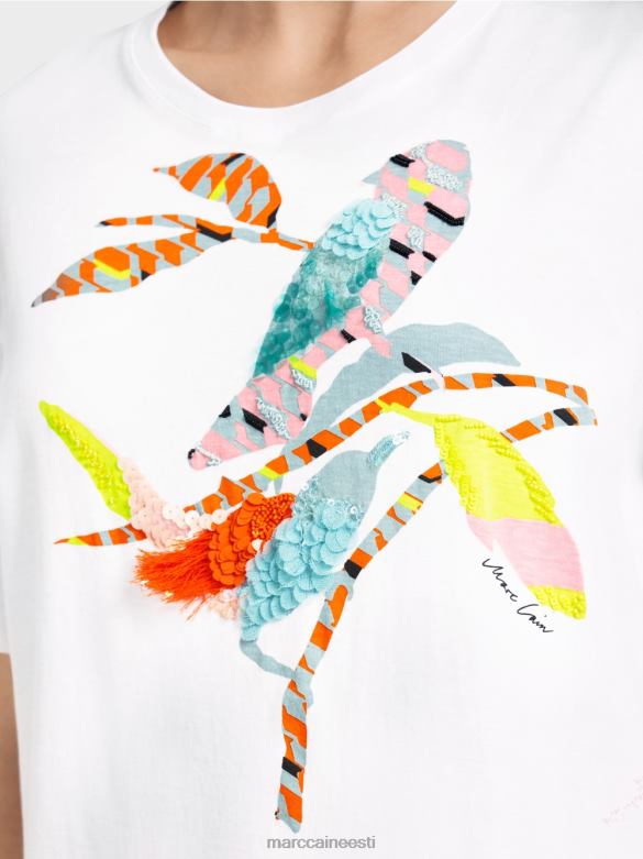 Marc Cain Riietus värvilise linnuaplikatsiooniga t-särk J8DT1315 valge
