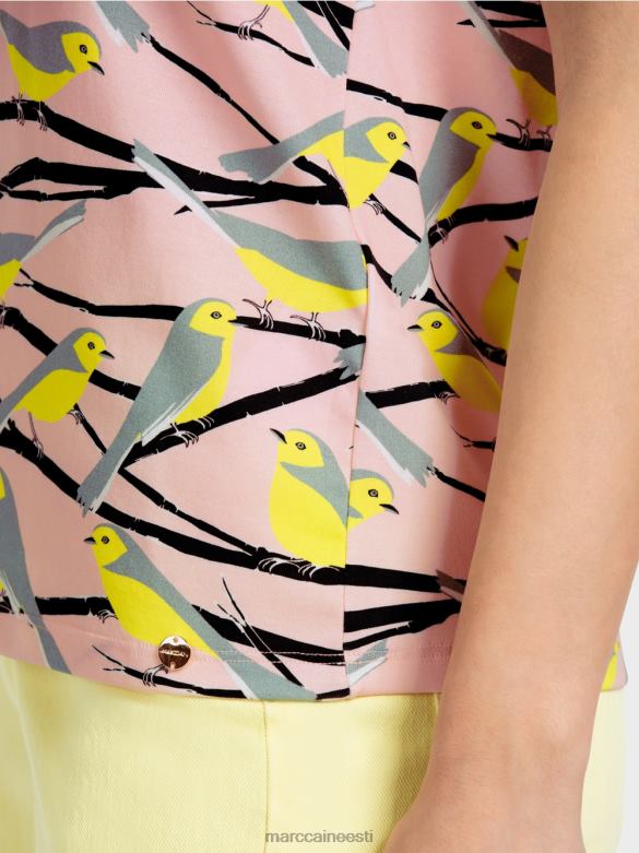 Marc Cain Riietus varrukateta linnudisain T-särk J8DT1316 pehme puuderroosa